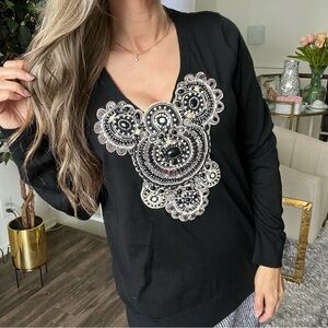 Banana Republic Merino Wool V Neck Knit Sweater Black Bead Embroidered Vintage L